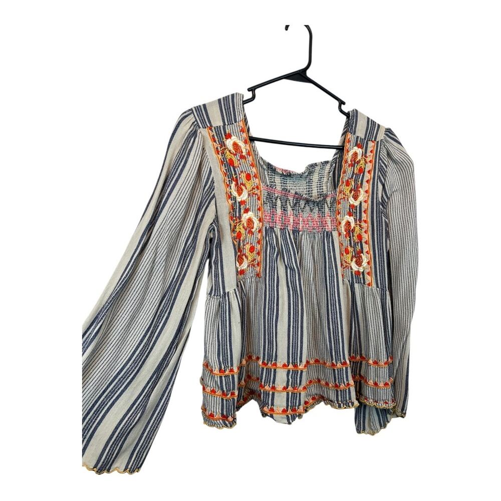THML Blue and White Striped Embroidered Peasant Blouse - Picture 3 of 7